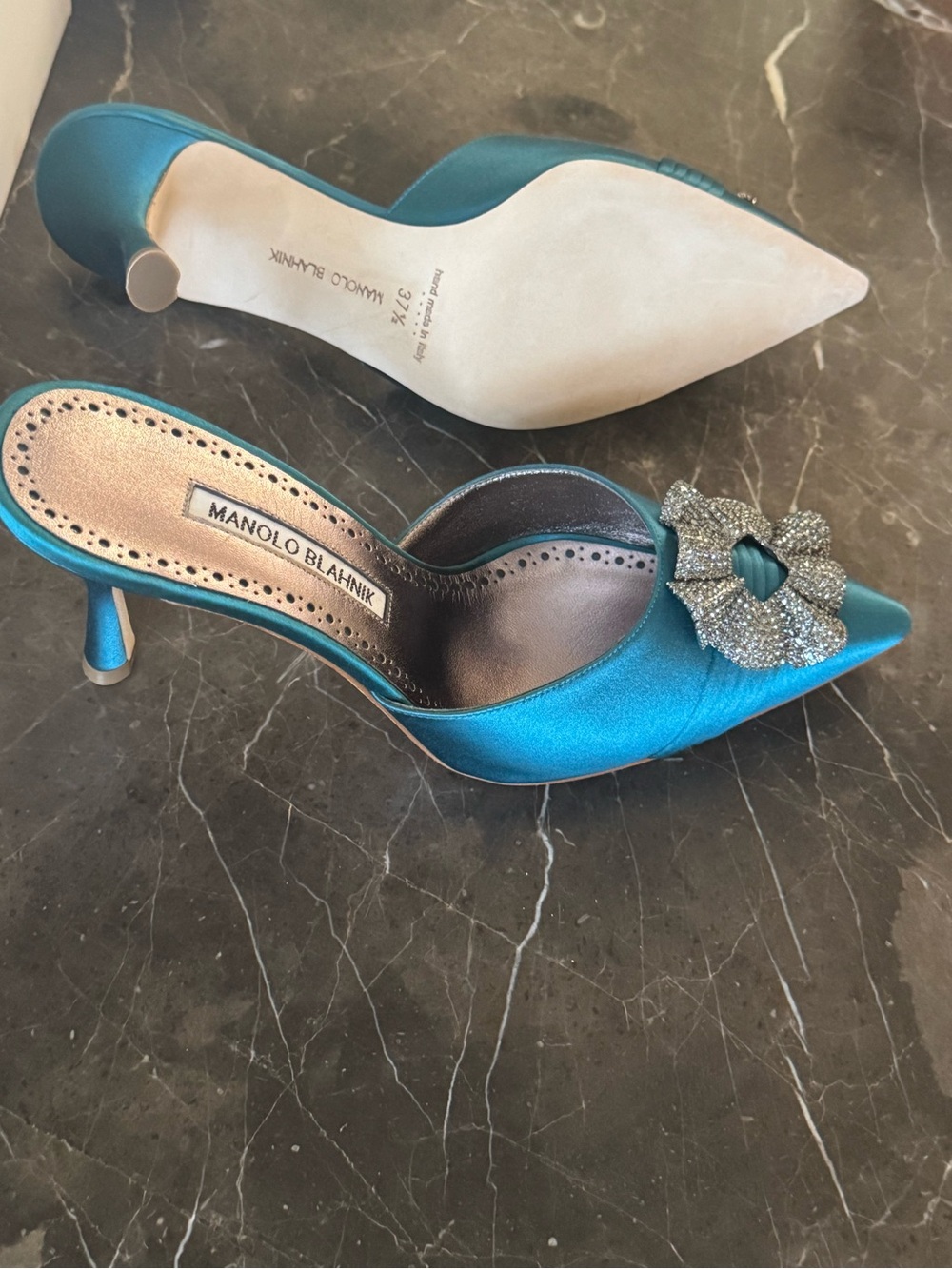Manolo Blahnik Teal Satin Pointed Slip-On Mules with Crystal Flower - Picture 2 of 3